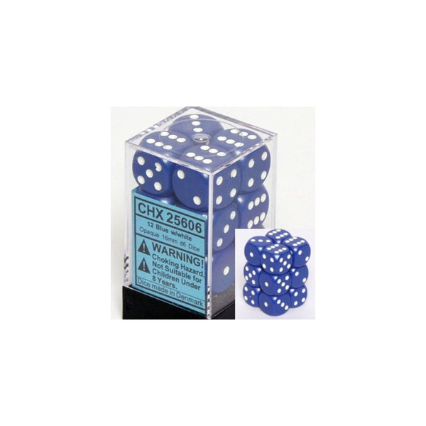 Chessex Dice d6 Sets: Opaque Blue with White - 16mm Six Sided Die (12) Block of Dice