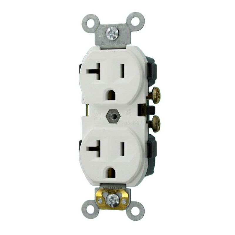 Leviton CR20-W 20-Amp, 125-Volt, Narrow Body Duplex Receptacle, Straight Blade, Commercial Grade, Self Grounding, White