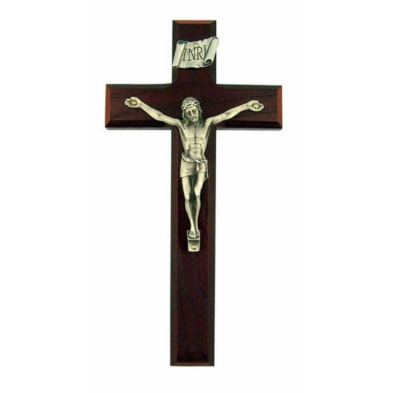 Beveled Cherry Wood 8 Inch Latin Cross Wall Crucifix with Silver Tone Corpus