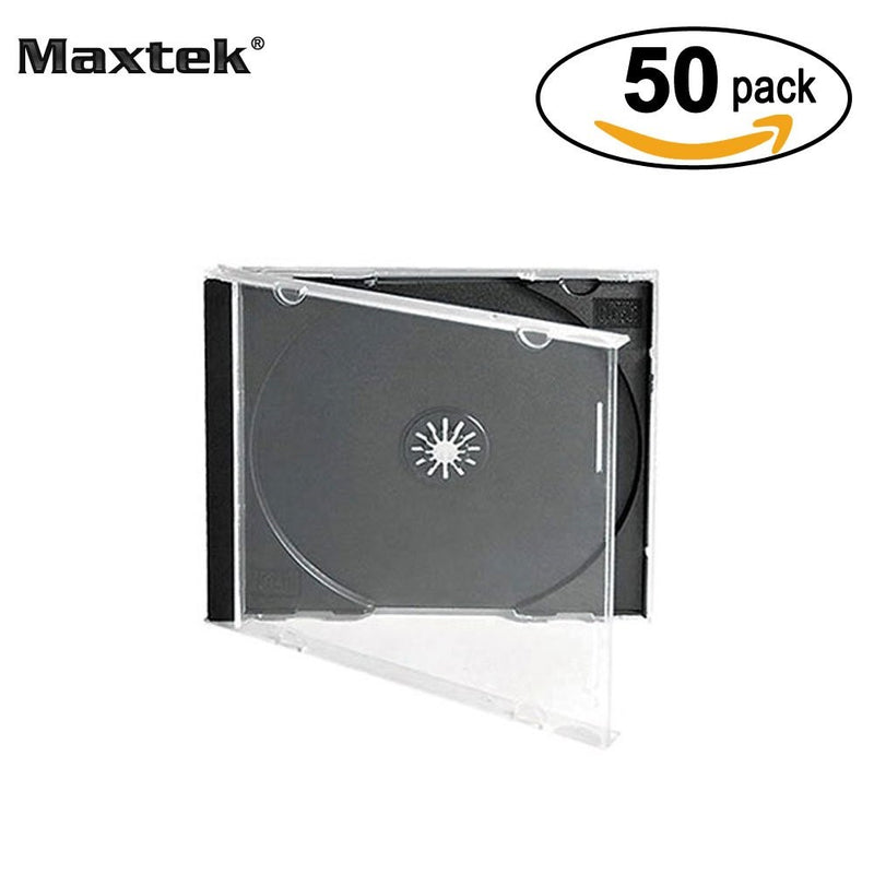 Maxtek 10.4 mm Standard Single Clear CD Jewel Case with Assembled Black Tray, 50 Pack