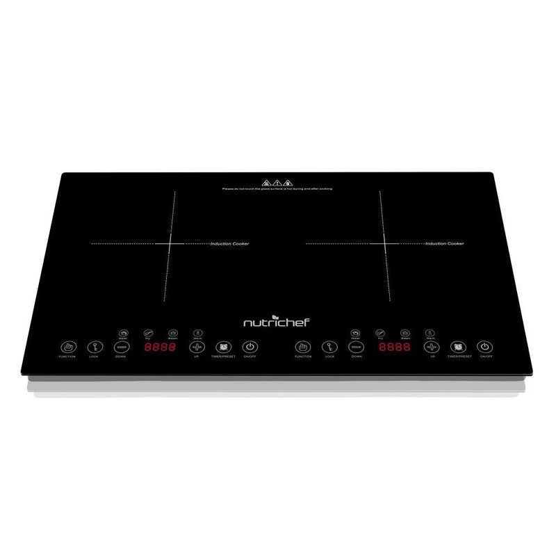 NutriChef Portable Dual 120V Electric Induction Cooker Cooktop - Digital Ceramic Countertop Double Burner w/ Kids Safety Lock - Works with Stainless Steel Pan & Other Magnetic Cookware