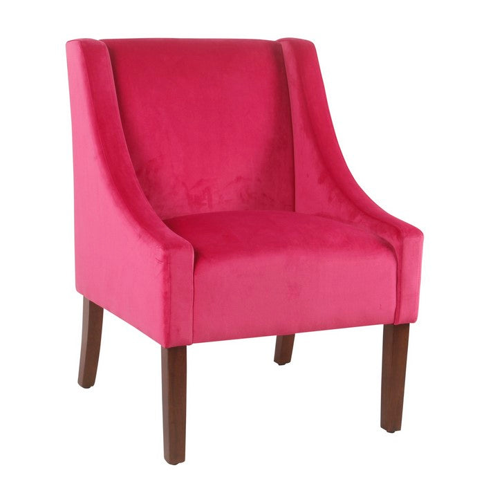 Fabric Upholstered Swooped Accent Chair with Wooden Legs, Dark Pink and Brown