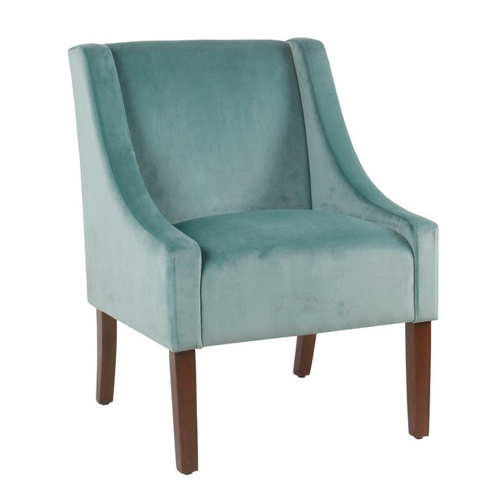 Fabric Upholstered Swooped Accent Chair with Wooden Legs, Blue and Brown