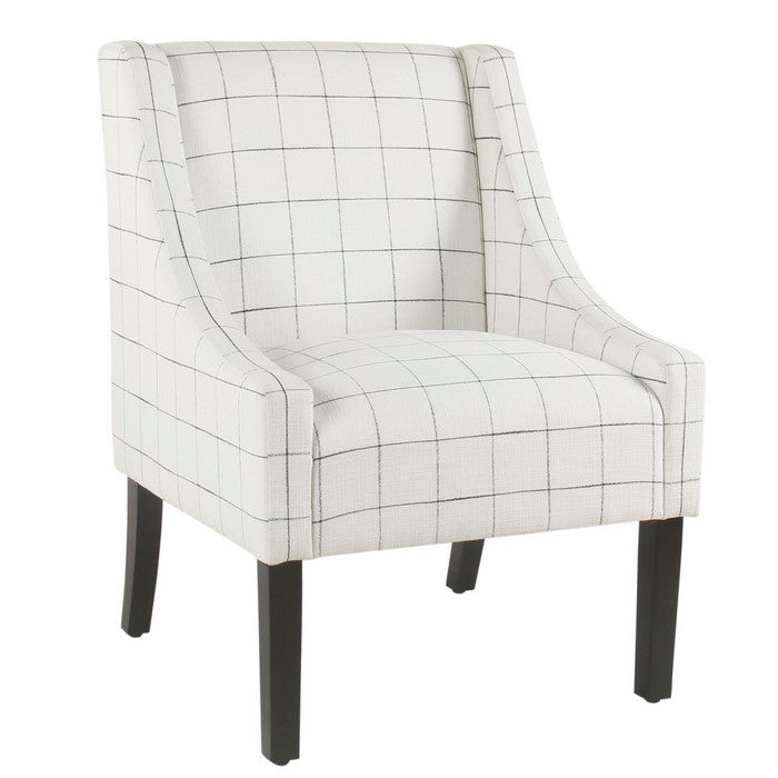Fabric Upholstered Wooden Accent Chair with Windowpane Pattern, Black and White
