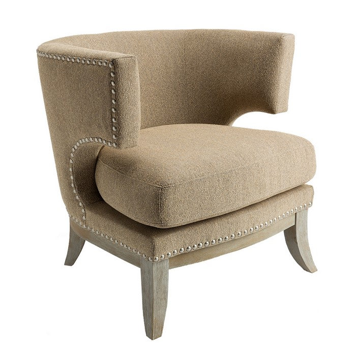 Fabric Upholstered Wooden Accent Chair with Wrap Around Back and Nail head Trim Details, Brown