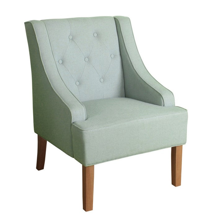 Fabric Upholstered Wooden Accent Chair with Button Tufting, Light Green and Brown