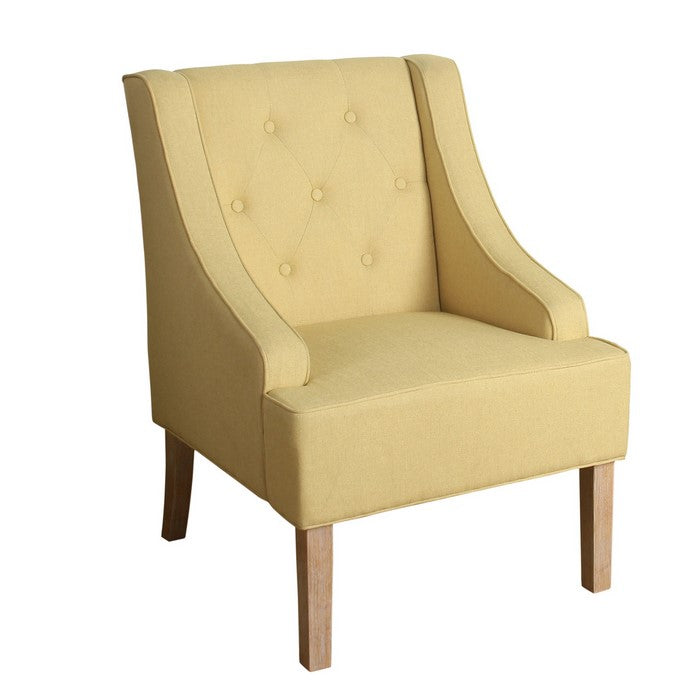 Fabric Upholstered Wooden Accent Chair with Button Tufting, Yellow and Brown