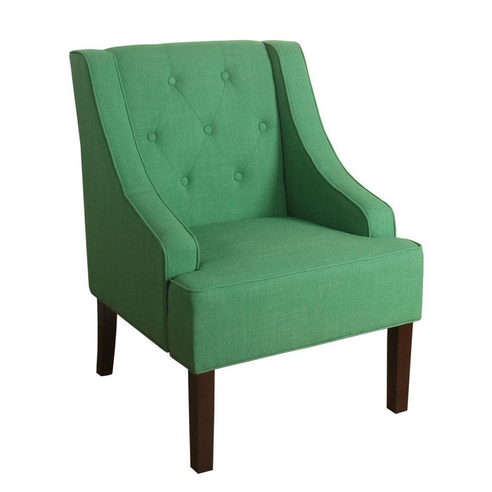 Fabric Upholstered Wooden Accent Chair with Button Tufting, Green and Brown