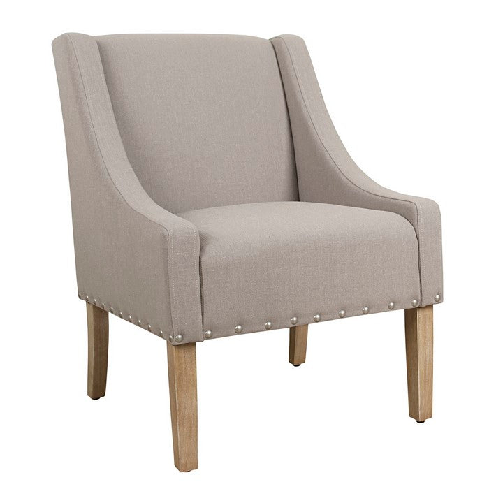 Fabric Upholstered Accent Chair with Swooping Arms and Nail Head Trim, Tan and Brown