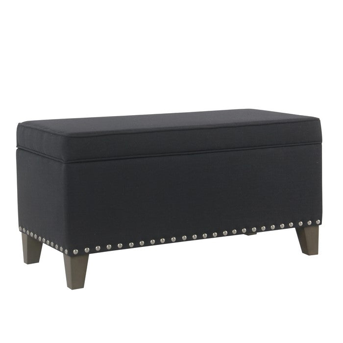 Fabric Upholstered Wooden Storage Bench with Nail Head Trim Accent, Black