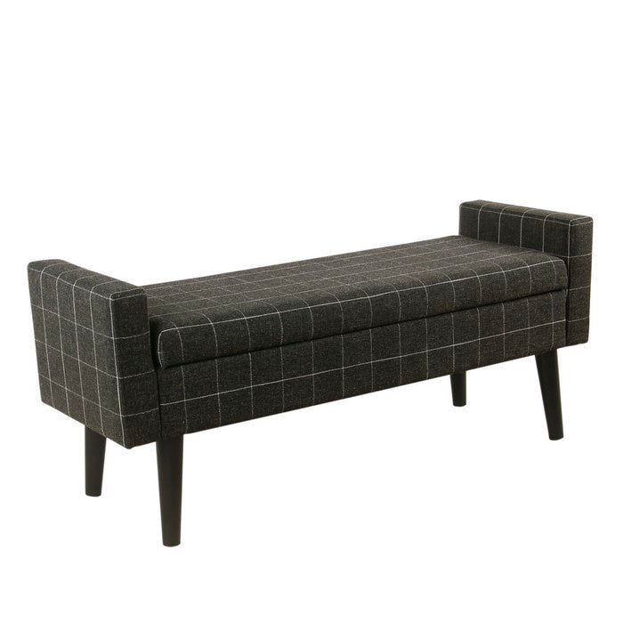 Grid Patterned Fabric Upholstered Wooden Bench with Lift Top Storage, Black and White