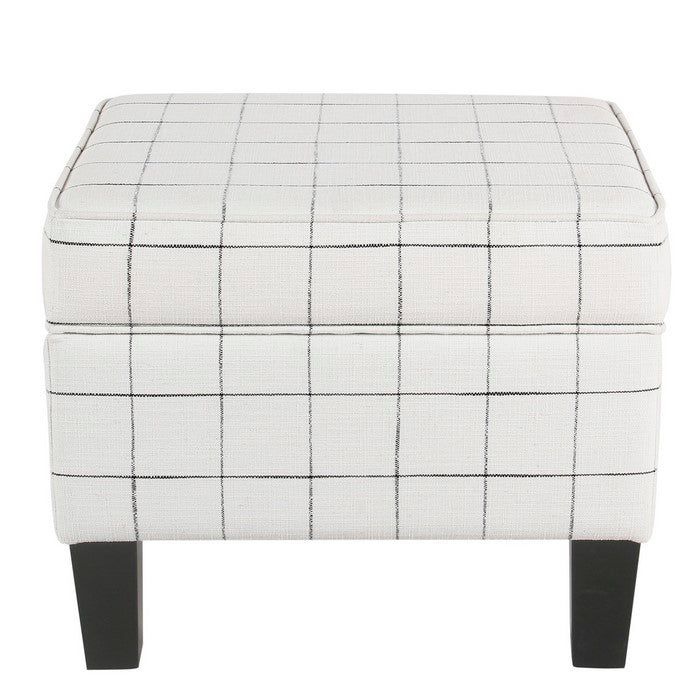 Wooden Ottoman with Grid Patterned Fabric Upholstery and Hidden Storage, White and Black