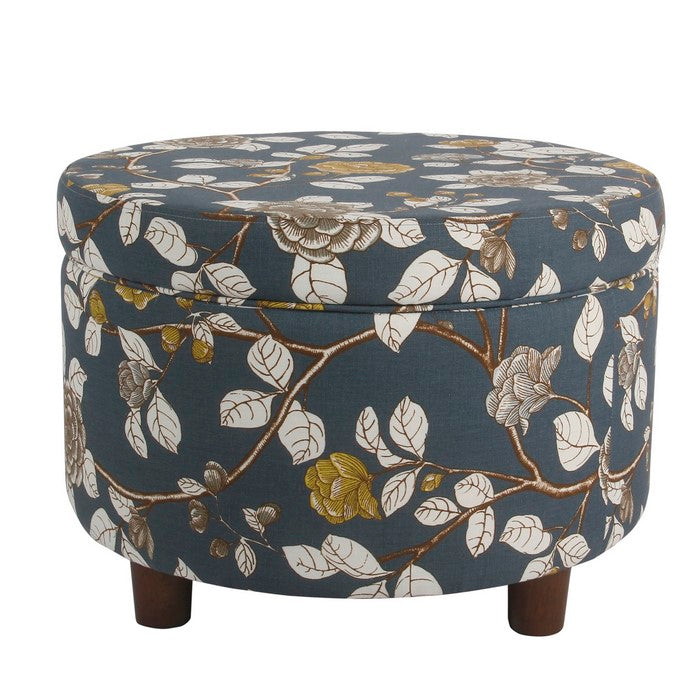 Wooden Ottoman with Floral Patterned Fabric Upholstery and Hidden Storage, Multicolor