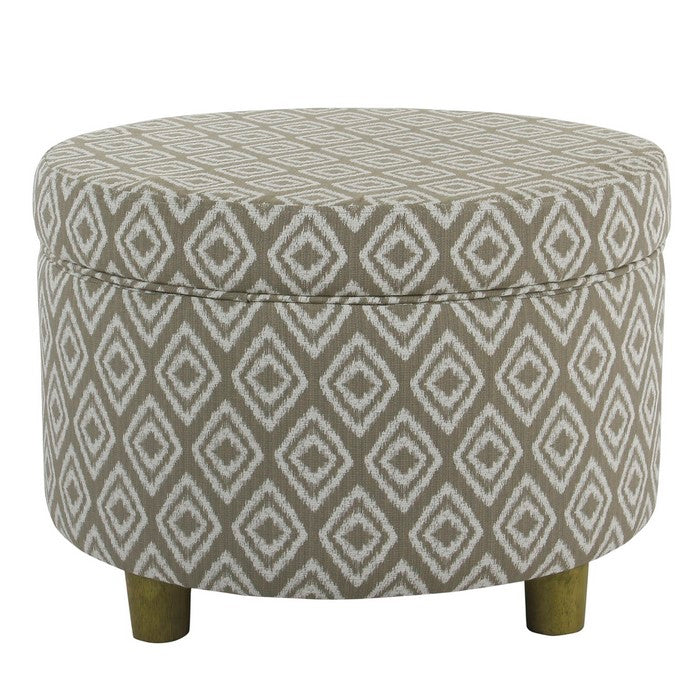 Geometric Patterned Wooden Ottoman with Lift Off Lid Storage, Brown and White
