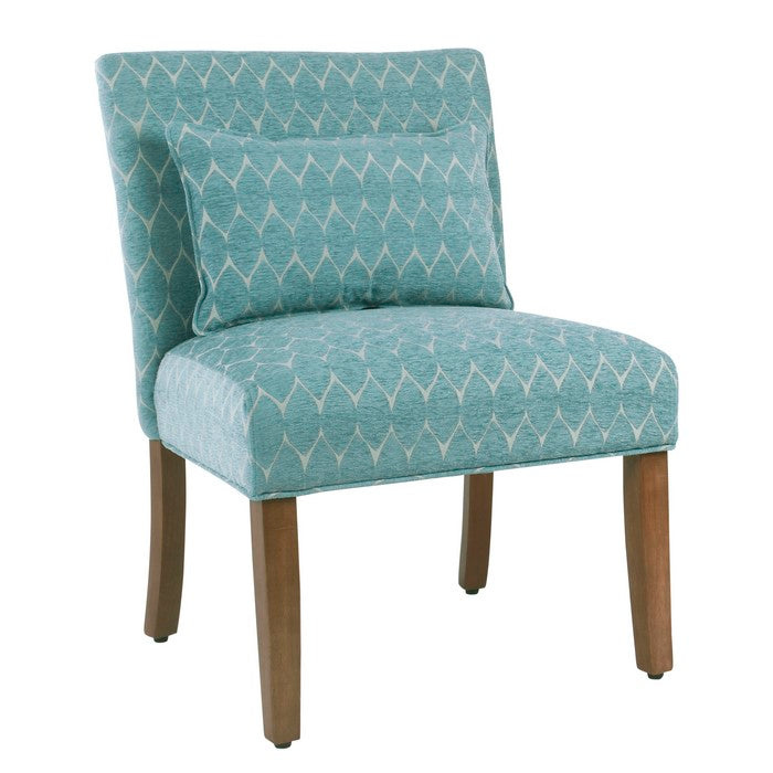 Fabric Upholstered Wooden Accent Chair with Printed Medallion Pattern, Brown, Blue and White