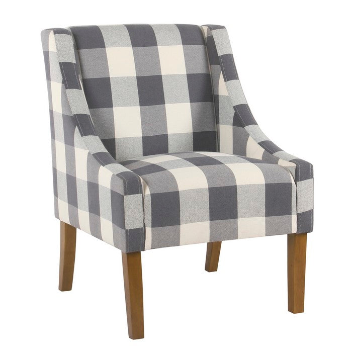Fabric Upholstered Wooden Accent Chair with Buffalo Plaid Pattern, Blue, White and Brown