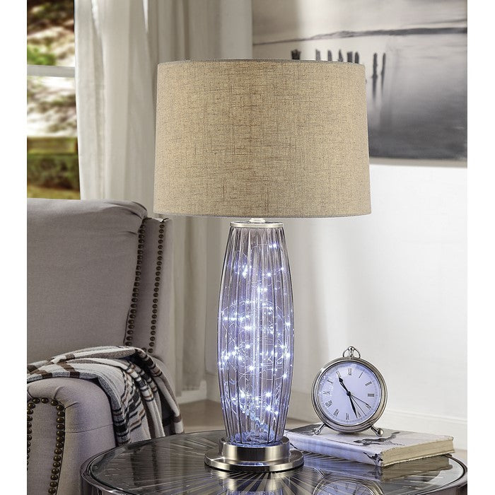 Contemporary Metal Table Lamp with Linen Drum Shade and LED Glass Panels, Silver and Beige