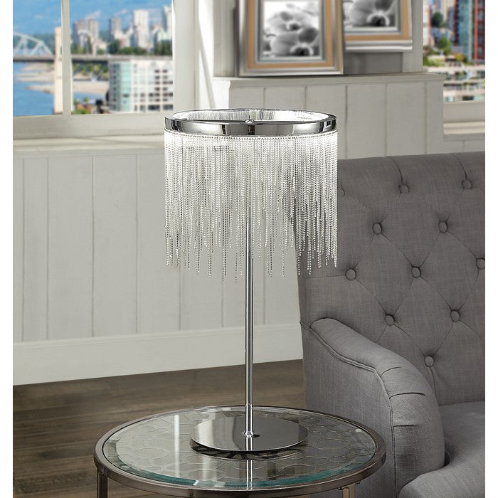 Contemporary Metal Table Lamp with Adjustable LED Light and Beaded Drum Shade, Silver