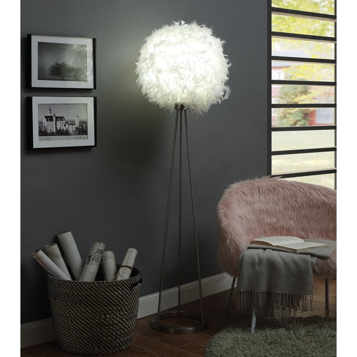 70 Inch Metal Floor Lamp with Feather Globe Shade, Silver