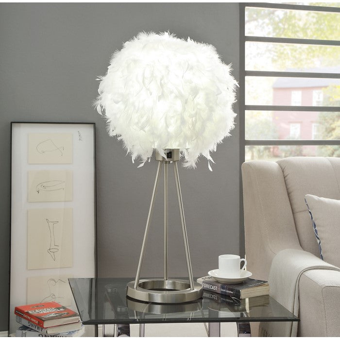 32 Inch Metal Table Lamp with Feather Globe Shade, Silver