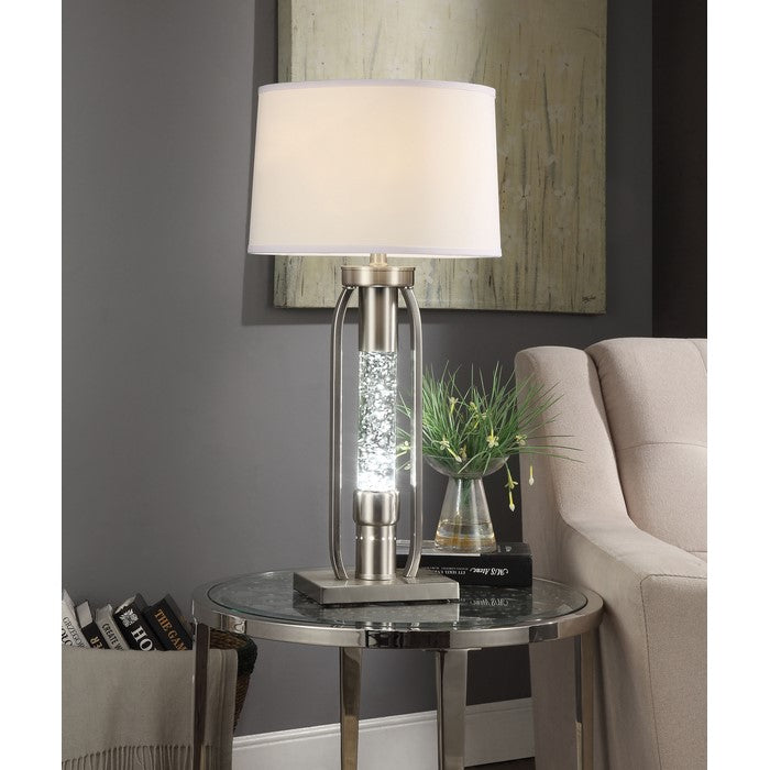 31 Inch Metal Table Lamp with Drum Shade and LED, Silver