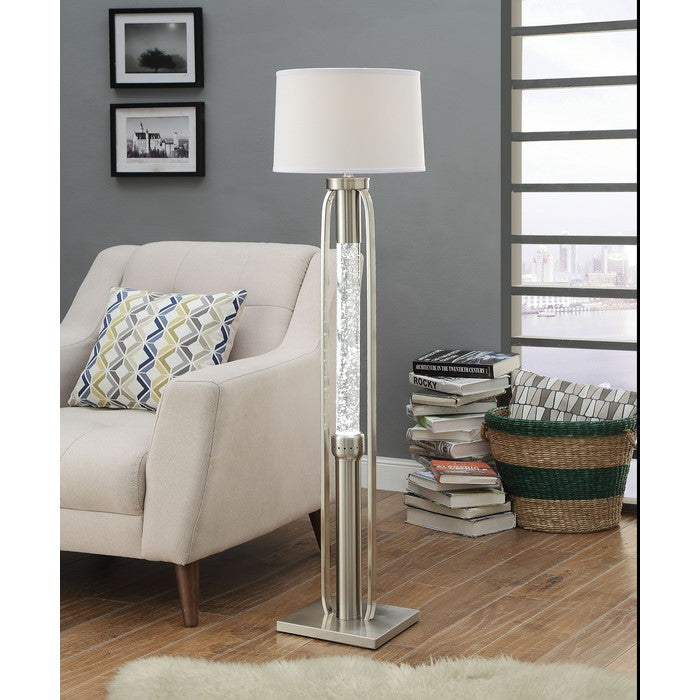 Contemporary Metal Floor Lamp with Fabric Drum Shade and LED Glass Cylinder, Silver and White
