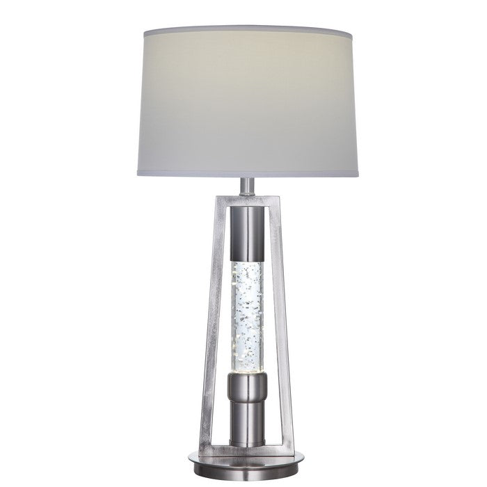 Metal Table Lamp with Fabric Drum Shade and LED Glass Cylinder, Silver and White