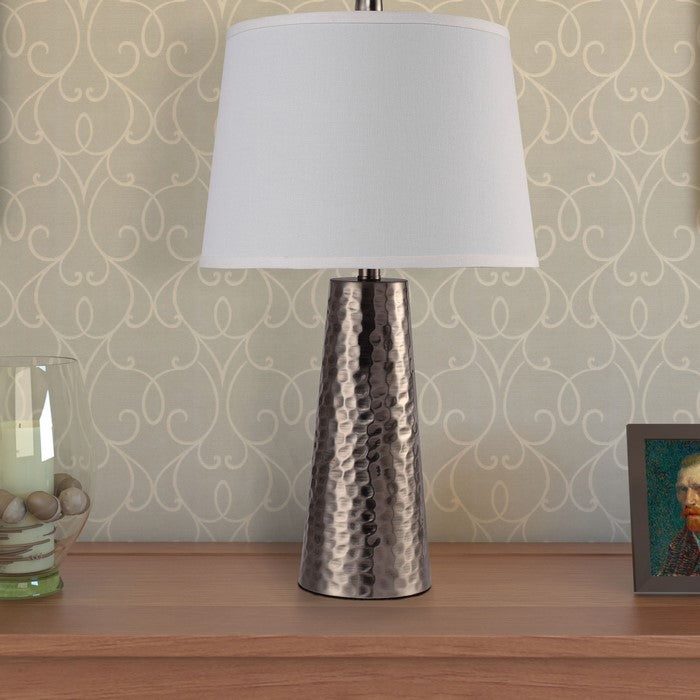 Transitional Metal Table Lamp with Empire Shaped Fabric Lamp Shade, White and Bronze
