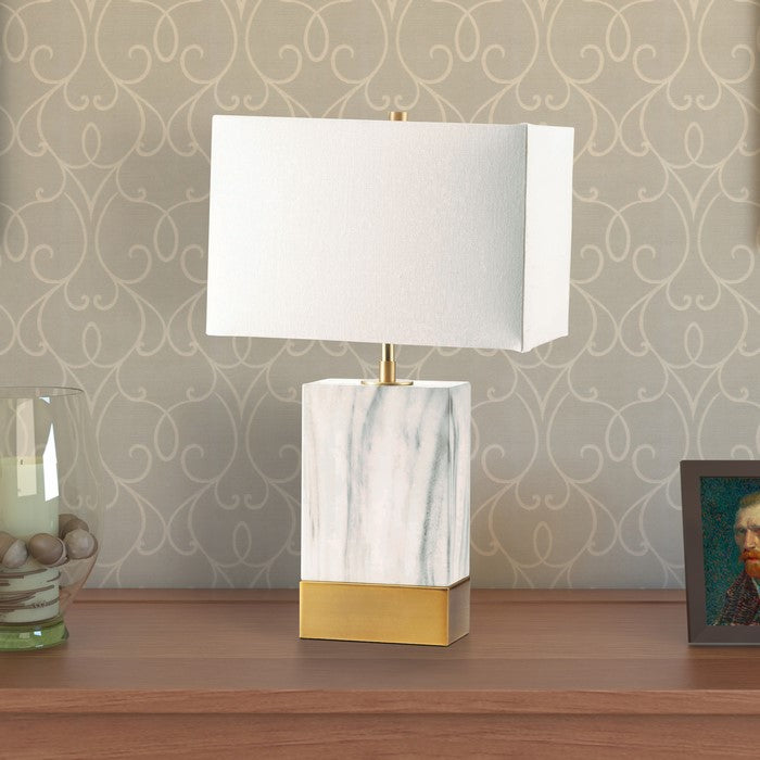 Contemporary Metal Table Lamp with Rectangular Fabric Shade, White and Gold