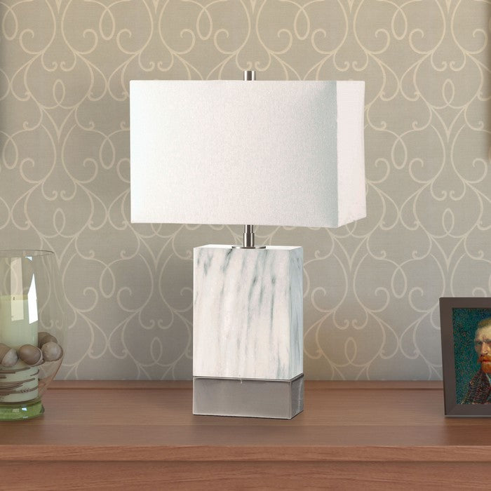 Contemporary Metal Table Lamp with Rectangular Fabric Shade, White and Silver