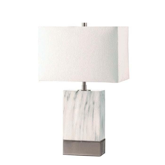 Contemporary Metal Table Lamp with Rectangular Fabric Shade, White and Silver