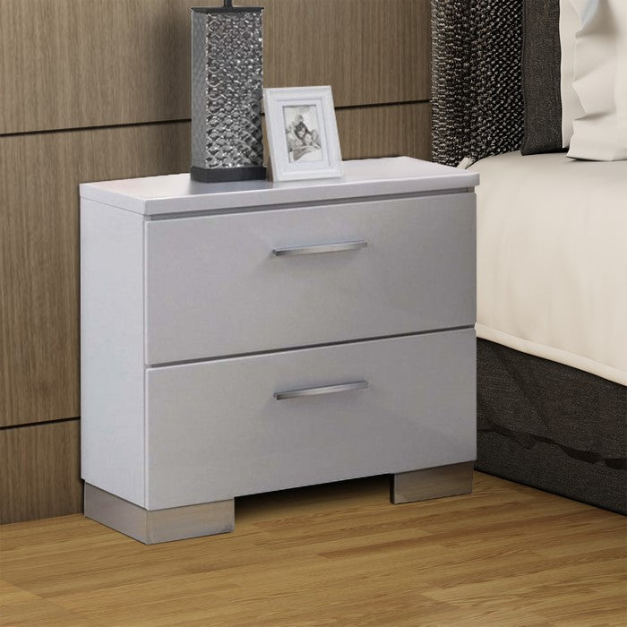 Contemporary Style Wooden Nightstand with Two Drawers and Metal Bracket Legs , White