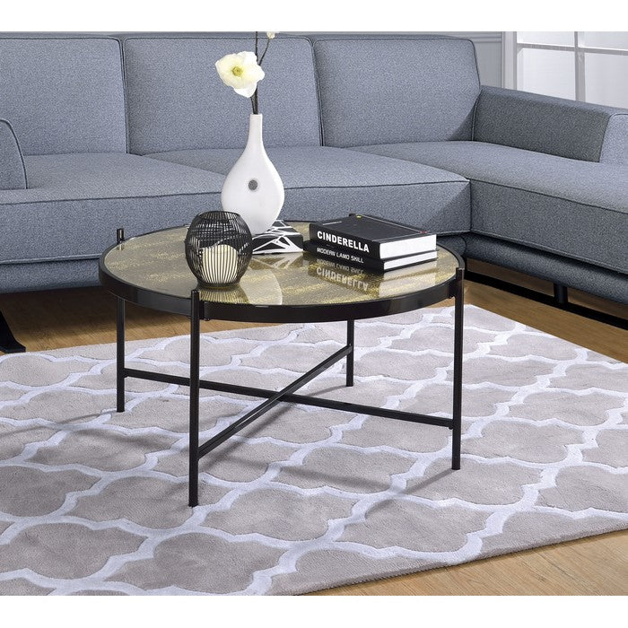 Metal Framed Round Coffee Table with X" Shaped Support Crossbar, Brown and Black