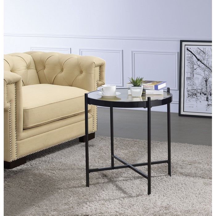 Metal Frame Round End Table with X Shaped Support Crossbar, Brown and Black
