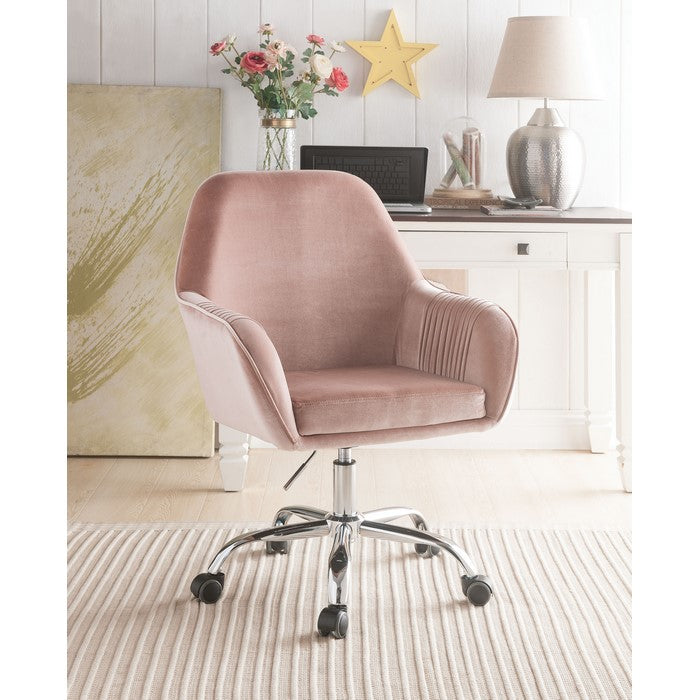 Adjustable Velvet Upholstered Swivel Office Chair with Slopped Armrests, Pink and Silver