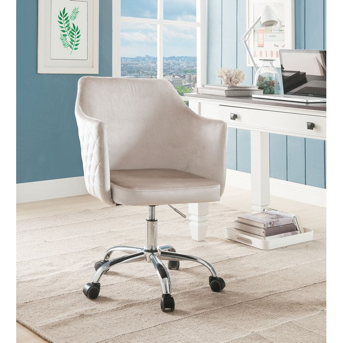 Velvet Upholstered  Swivel Office Chair with Adjustable Height and Metal Base, Beige and Silver