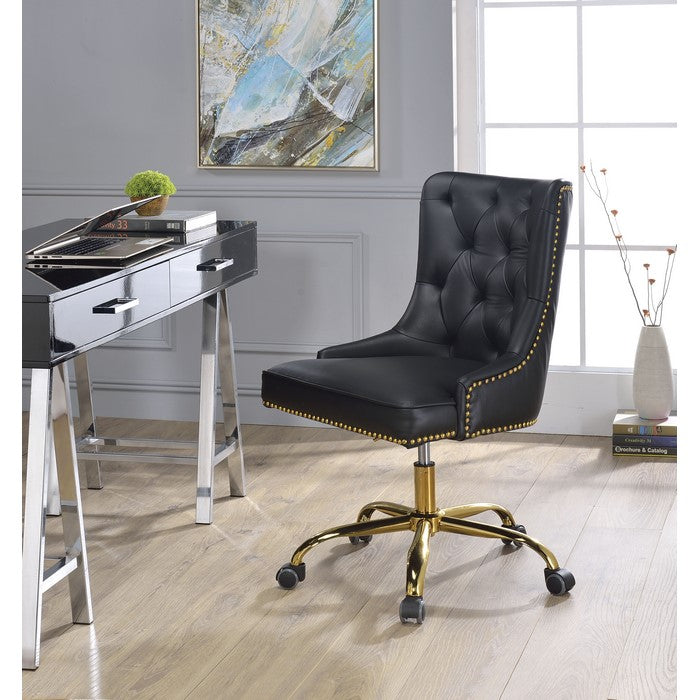 Leatherette Swivel Office Chair with Adjustable Height and Metal Base, Black and Gold