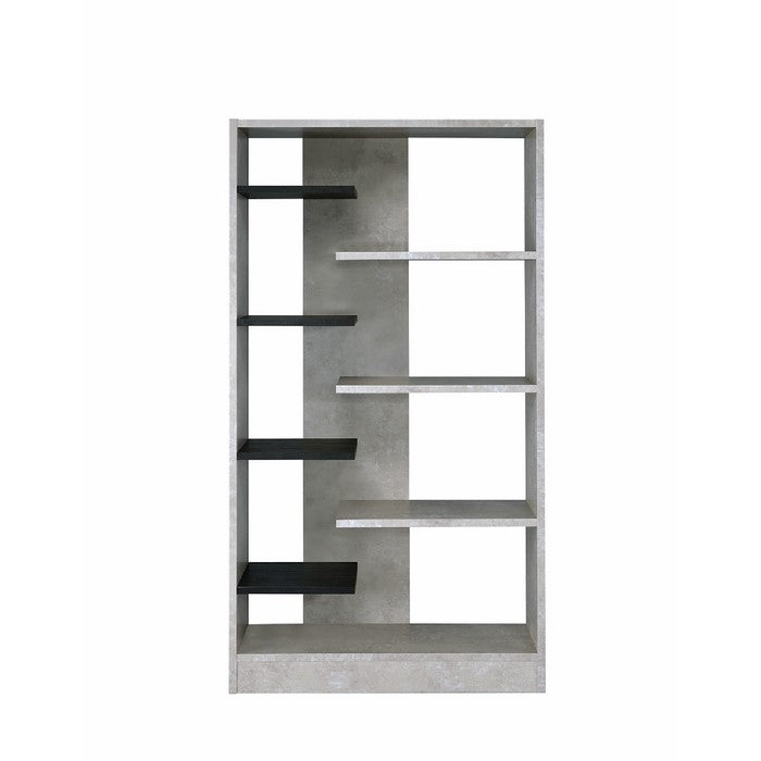 Faux Concrete and Wooden Bookcase with Open Shelves, Gray and Black