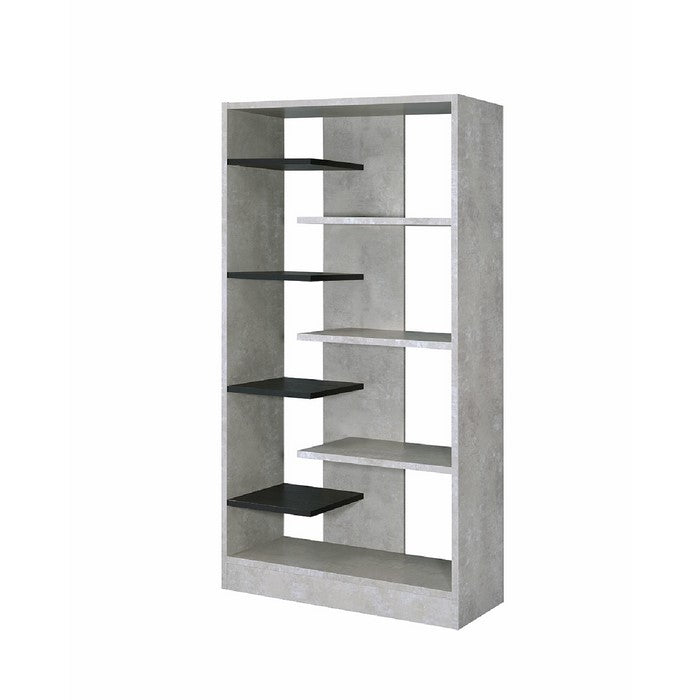 Faux Concrete and Wooden Bookcase with Open Shelves, Gray and Black