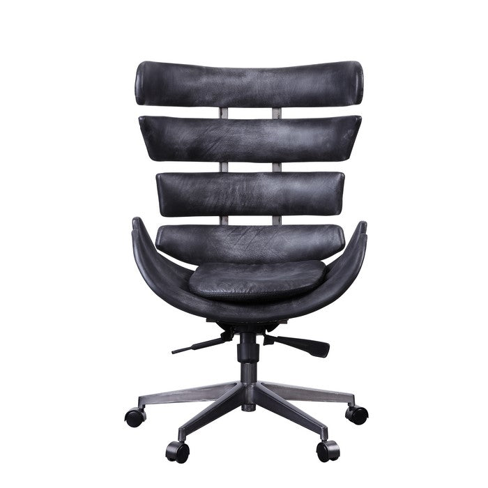 Metal Framed Wingback Office Chair with Leatherette Upholstered Horizontal Panels, Black and Gray