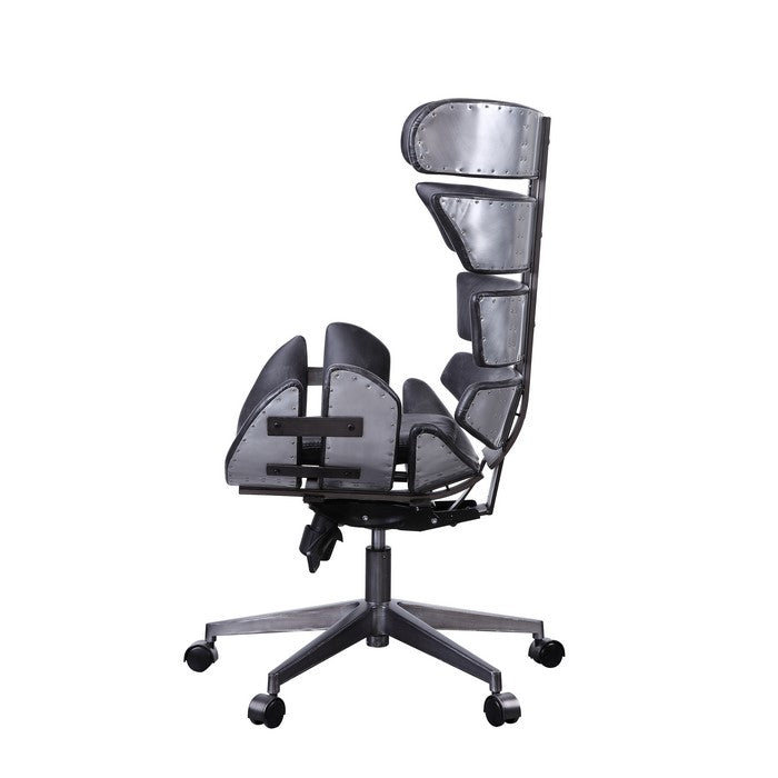 Metal Framed Wingback Office Chair with Leatherette Upholstered Horizontal Panels, Black and Gray