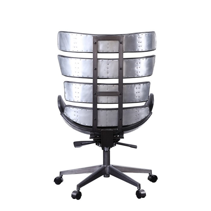 Metal Framed Wingback Office Chair with Leatherette Upholstered Horizontal Panels, Black and Gray