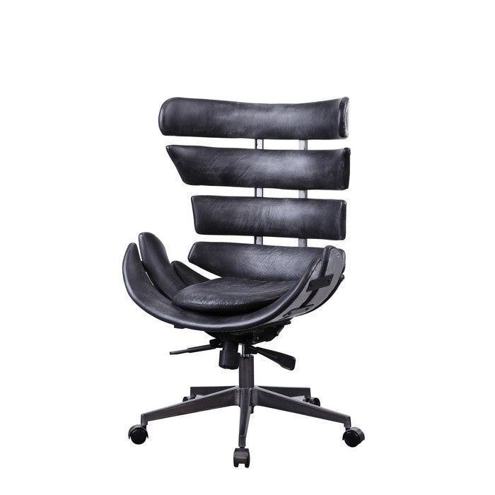 Metal Framed Wingback Office Chair with Leatherette Upholstered Horizontal Panels, Black and Gray
