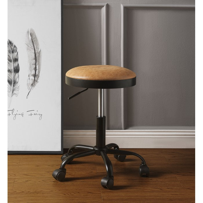 Adjustable Metal Stool with Leatherette Upholstered Seat, Set of Two, Caramel Brown and Black