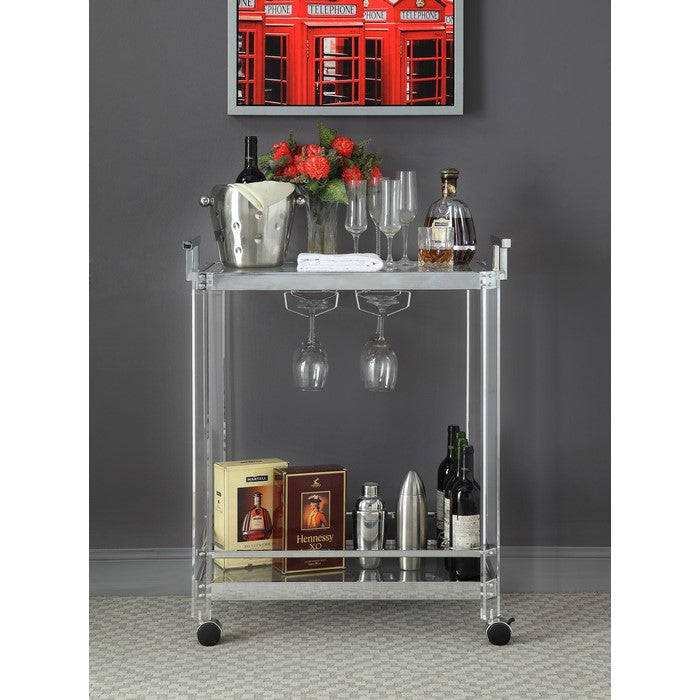 Metal Serving Cart with Acrylic Leg Support and Casters, Silver and Clear