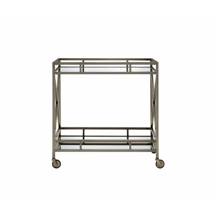 Open Metal Frame 2 Tier Mirrored Serving Cart, Antique Gold and Silver