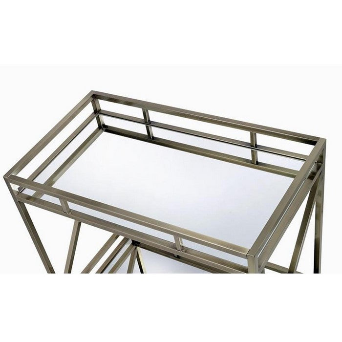 Open Metal Frame 2 Tier Mirrored Serving Cart, Antique Gold and Silver