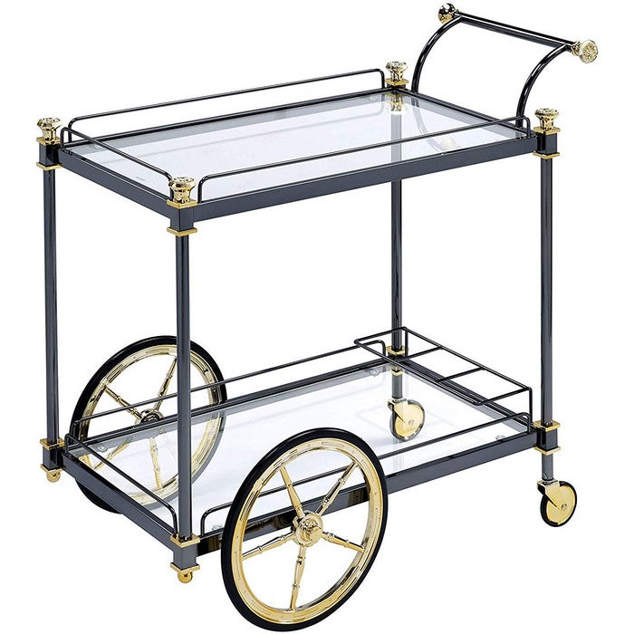 Metal Framed Serving Cart with Glass Shelves and Side Handle, Black and Gold
