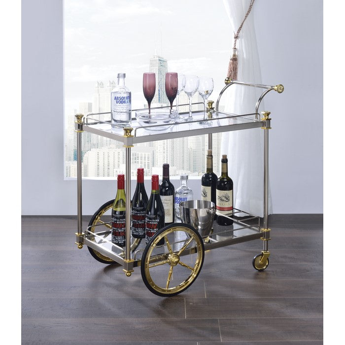 Metal Framed Serving Cart with Glass Shelves and Side Handle, Silver and Gold