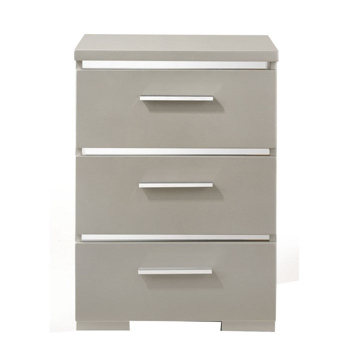Wooden Nightstand with Three Spacious Drawers and Metal Handles, White and Silver